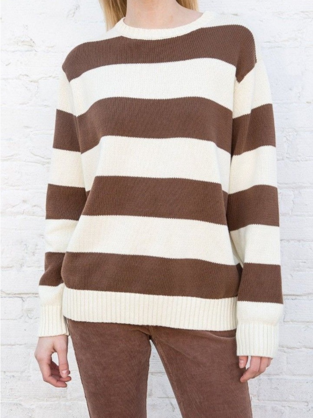 Brandy Melville John Galt Brianna Brown and Cream Striped Crewneck Sweater